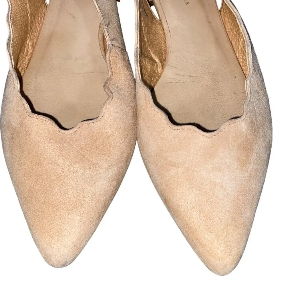 Anthropologie Beige Suede Scalloped Slingback Flats Womens Size 37 neutral